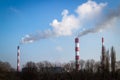 The power station with three smoke stacks air pollution Royalty Free Stock Photo