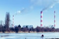 The power station with three smoke stacks air pollution Royalty Free Stock Photo