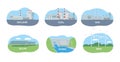 Power stations icons set. Various types of energy. Nuclear, coal, gas and hydroelectric power plants Royalty Free Stock Photo