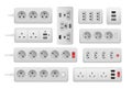 Power strip. Realistic electric wall socket extension, 3D AC current equipment with different ports connectors and cords