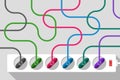 Power strip and tangled colored power cords of electrical appliances Royalty Free Stock Photo