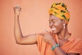 Power, strong and arm flex with black woman for leadership, gender equality and confident. Muscle, proud and fitness Royalty Free Stock Photo