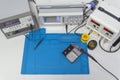 Power supplies and electronic measuring devices in the laboratory. Top view. Royalty Free Stock Photo