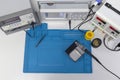 Power supplies and electronic measuring devices in the laboratory. Top view. Royalty Free Stock Photo
