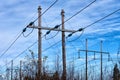 Power supply line with three wires mounted on old wooden pillar, blue sky with soft white clouds at background Royalty Free Stock Photo