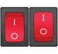 Power switches on off position, red, large detailed isolated macro closeup Royalty Free Stock Photo