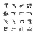 Power tools glyph icon set. Vector collection electric instrument with drill, jigsaw, stapler, planer, screwdriver, saw