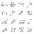 Power tools thin line icons set isolated on white. Carpentry, joinering, woodwork equipment. Royalty Free Stock Photo