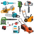 Power tools vector electric construction equipment circular-saw lawn mower illustration set of electric jig-saw grass