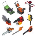 Power tools vector electric construction equipment circular-saw lawn mower power-planer illustration isometric set of