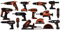 \'Power Tools Vector Set â Electric Drills and Construction Tools in Bold Black and Orange Style\' Royalty Free Stock Photo