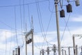 Power Tower. High voltage lines and power pylons. City power substation, close-up, transformer with high-voltage wires High volta Royalty Free Stock Photo