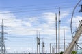 Power Tower. High voltage lines and power pylons. City power substation, close-up, transformer with high-voltage wires High volta Royalty Free Stock Photo