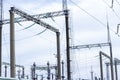 Power Tower. High voltage lines and power pylons. City power substation, close-up, transformer with high-voltage wires High volta Royalty Free Stock Photo