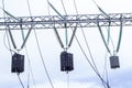 Power Tower. High voltage lines and power pylons. City power substation, close-up, transformer with high-voltage wires High volta Royalty Free Stock Photo