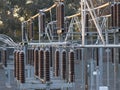 Power transformers at a distribution substation Royalty Free Stock Photo