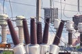 Power transformers in an electrical substation, close-up Royalty Free Stock Photo