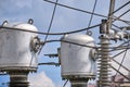 Power transformers with gas protection - electrical substation equipment Royalty Free Stock Photo