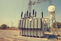 Power transformers are installed at power stations. Serves to convert pressure to be suitable for use Royalty Free Stock Photo