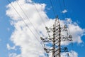 Power transmission line pole against blue cloudy sky. Royalty Free Stock Photo