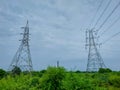 Power transmission lines and pole, electrical supply photography, natural outdoor background Royalty Free Stock Photo