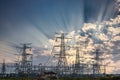 Power transmission tower and sun rays Royalty Free Stock Photo