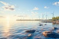 Power of wind turbine generating electricity clean energy on beautiful sea landscape background Royalty Free Stock Photo