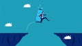 The power of work overcomes risks and obstacles. businessman with a full battery jumps across the gap