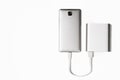 Powerbank charge smartphone isolated white