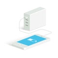 Powerbank charging a white smartphone. Isometric view. Vector flat style.
