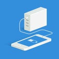 Powerbank charging a white smartphone. Isometric view. Vector flat style.