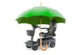 Powered mobility scooter under umbrella, 3D rendering