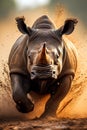 Powerful African rhino running towards the camera in the savanna. Amazing African Wildlife. Generative Ai