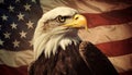 Powerful american bald eagle perched proudly on a tattered and worn grunge flag background Royalty Free Stock Photo