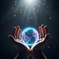 Epic conceptual illustration of hands gently cupping a glowing network sphere, representing global data flow and security protocol Royalty Free Stock Photo