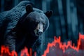 A powerful bear in front of a declining stock market graph, symbolizing a bear market trend