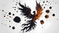Phoenix silhouette dissolving into ink splatters with fractal detail â bold black vector isolated Royalty Free Stock Photo
