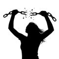 Powerful silhouette of a woman breaking free from chains, symbolizing liberation, strength, and overcoming adversity, isolated on Royalty Free Stock Photo