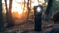 Powerful black tactical flashlight resting on a mossy log during a beautiful forest sunset Royalty Free Stock Photo