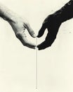 Artistic black and white image of two hands, light and dark, touching a delicate line, symbolizing connection Royalty Free Stock Photo