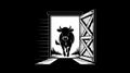 A determined black and white silhouette of a cow exiting a barn through an open wooden door against a deep black background Royalty Free Stock Photo