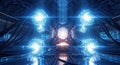 Powerful blue energy core within a futuristic facility, emitting light and surrounded by advanced machinery Royalty Free Stock Photo