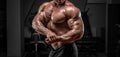 Powerful bodybuilder posing in the gym. No name portrait. Bodybuilding concept