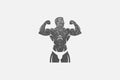 Powerful bodybuilder showing muscles silhouette hand drawn stamp vector illustration.