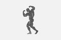Powerful bodybuilder showing muscles silhouette hand drawn stamp vector illustration.