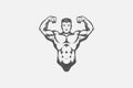 Powerful bodybuilder showing muscles silhouette hand drawn stamp vector illustration.