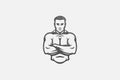 Powerful bodybuilder showing muscles silhouette hand drawn stamp vector illustration.