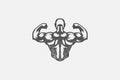 Powerful bodybuilder showing muscles silhouette hand drawn stamp vector illustration.