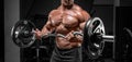 Powerful bodybuilder trains in a gym with a barbell. No name portrait. Bodybuilding concept
