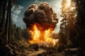 Powerful bomb explosion in the forest or taiga. Fallen trees fire and flames. Apocalypse. War. military threat. Third World War